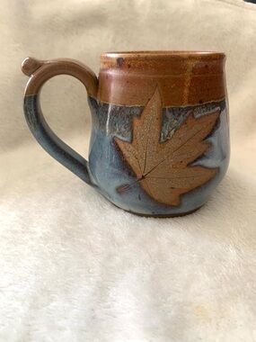 Alewine Pottery Maple Leaf Ceramic Blue Brown Glaze Mug Fall Seasonal Handmade